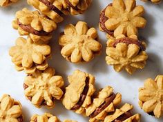 some cookies are arranged on a white surface and have been cut into small pieces to look like flowers