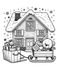 a teddy bear sitting on a sleigh in front of a house with presents