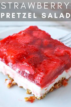 strawberry pretzel salad on a white plate with a fork and text overlay