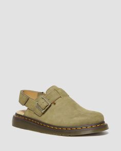 Jorge II Tumbled Nubuck Leather Slingback Mules in Muted Olive | Dr. Martens How To Clean Suede, Slingback Mules, Boots Chelsea, Desert Boot, Suede Mules, Slingback Shoes, Goodyear Welt, Doc Martens, Nubuck Leather