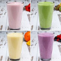 four shots of different colored smoothies on a white wooden table with fruit and vegetables in the background