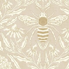 an image of a bee in the middle of flowers on a light colored wallpaper