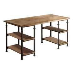 a wooden table with metal legs and shelves