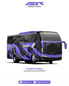 an advertisement for a bus that is purple and black