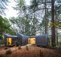 two small houses in the woods surrounded by trees