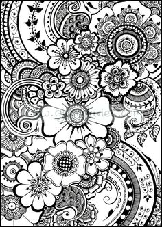 an intricate black and white drawing with flowers, paisleys and swirls on it