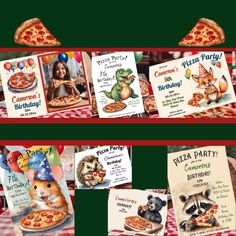 there are many cards with pictures of animals and pizzas on the shelves in front of them