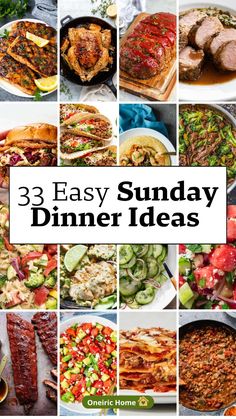 the cover of three easy sunday dinner ideas, with images of different dishes and vegetables