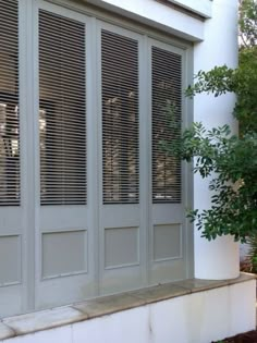 a cat sitting on the side of a building next to a window with shutters