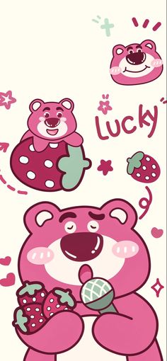 an image of a pink teddy bear with hearts on it's chest and the words lucky above it