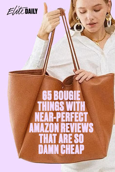 a woman holding a brown purse with the words 65 bougies things with near - perfect amazon reviews that are so damn cheap