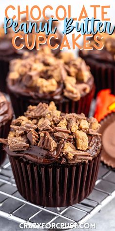 chocolate peanut butter cupcakes on a cooling rack