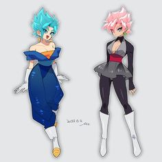 two cartoon characters, one with blue hair and the other wearing pink hair are standing next to each other