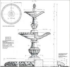 an architectural drawing of a fountain and its details are shown in the bottom right corner