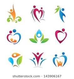 a set of colorful logos with people holding hands and heart shaped shapes on white background