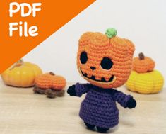 a crocheted pumpkin doll standing in front of small pumpkins with text overlay