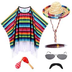 a mexican outfit including a hat, sunglasses and a moustache