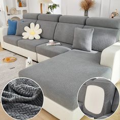 a living room with a gray couch and white rugs on the floor next to it