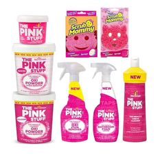 pink stuff and other items are shown in this image, including cleaners, mouthwashes