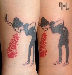 two people with matching tattoos on their legs, one is kissing the other has red hearts