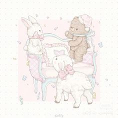 a teddy bear sitting on top of a chair next to two lambs