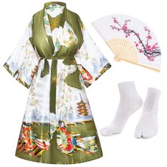 PRICES MAY VARY. Material: Made of Imitation silk satin polyester, soft silky comfortable to wear,breathable and lightweight. Package Includes:1 x Long kimono robe cardigan , 1 x Hand held flower printing silk folding fans ,1 x Tabi socks. 3-piece set. Long plus size lingerie robe up to ankle,V-shaped neckline, removable sash tie, belt loops,large loose flowing sleeves, open front, continuously printed sleeves, luxurious flowing drape.it makes you catch the eyes in the crowd This plus size yukat Folding Fans, Tabi Socks, Plus Size Patterns, Kimono Design, Kimono Pattern, Long Kimono, Lightweight Cardigan, Printed Sleeves, Plus Size Lingerie