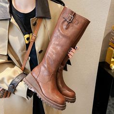 Long Leather Boots Outfit, Long Brown Leather Boots, Women Brown Boots, Chunky Knee High Boots, Long Brown Boots, English Riding Boots, Canvas Vest, Sparkle Mini Dress, Brown Knee High Boots