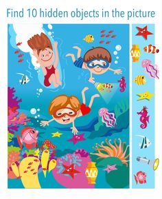 children swimming in the ocean with fish and starfishs