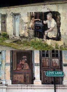 two pictures of an old building with paintings on it