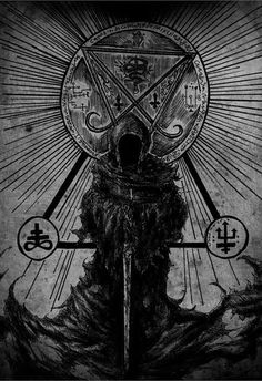 a black and white drawing of a person with two swords in front of them, surrounded by symbols