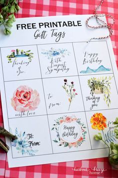 free printable gift tags for mother's day on a table with flowers and greenery