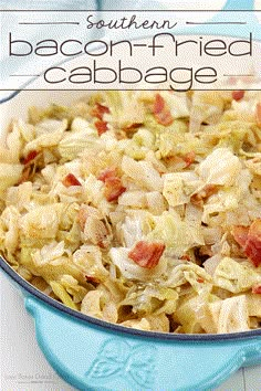 a blue dish filled with cabbage and bacon