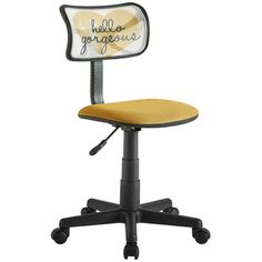 an office chair with wheels and a yellow seat cushion on the back, it has a hello