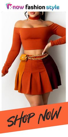 Orange Sexy Casual Patchwork Backless Off the Shoulder Long Sleeve Two Pieces Two Piece Skirt Set Classy, Hot Jumpsuits, Orange Outfit, Off The Shoulder Long Sleeve, Red Dress Short, Top Pants Set, Plus Size Activewear, Waist Chain, Orange Fashion