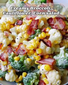 Creamy Broccoli cauliflower corn bacon salad\n3 cups broccoli chop\n3 cups cauliflower chop\n2 cups carrots slice\n15 oz sweet corn drain\n1 cup red onion dices\n10 slices bacon cook chop\n1 cup sharp cheddar cheese shred\nMix broccoli cauliflower corn carrot onion bacon cheese\nAdd ranch dressing\n#broccolisalad #vegetariansalad #paleorecipe #saladrecipe\n#foodie #cookbook Corn And Bacon Salad, Salad Dressing Recipes Vinaigrette, Bacon Cauliflower, Thanksgiving Dinner Menu, Bacon Salad, Vegetarian Salads, Cauliflower Salad