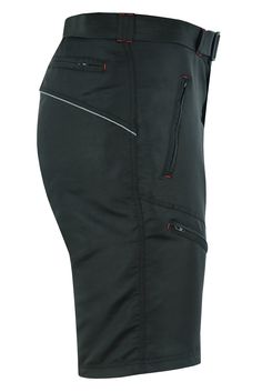 the side view of a black skirt with zippers and pockets on the bottom,