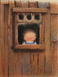 a painting of a child looking out the window