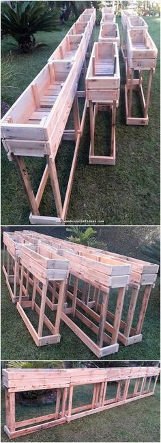 several wooden benches sitting on top of a grass covered field next to eachother