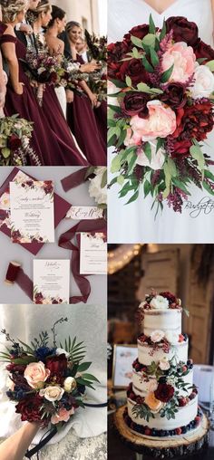 a collage of photos showing different types of flowers and wedding cake with red ribbons