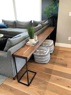 a living room with a couch, coffee table and ottoman