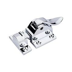 chrome plated door hinge with two latches on each side and one end