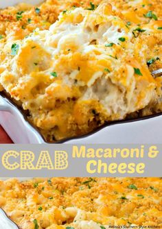 crab macaroni and cheese casserole in a white dish