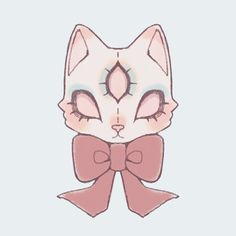 a drawing of a cat with big eyes and a pink bow around it's neck