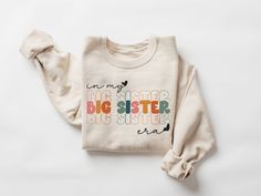 Cotton Letter Print Sweatshirt, Promoted To Big Sister Announcement, Sister Announcement, Big Sister Announcement, Promoted To Big Sister, Cricket Ideas, Girls Sweatshirt, Sibling Outfits, Pregnancy Announcement To Husband