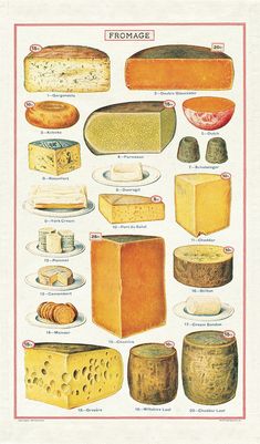 a poster with different types of cheeses and their names on it's sides