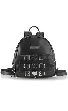 Meet Demonia's Triple Threat Heart Backpack - this bag features three bold buckle straps and hearts across the front and a Demonia badge, making it the perfect accessory for your edgy and rebellious style. Light Up Shoes, Corsets And Bustiers, Lingerie Accessories, Full Metal, Boots Knee, Mini Backpack, Black Backpack