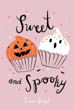 two cupcakes with jack - o'- lantern faces on them and the words sweet and spooky