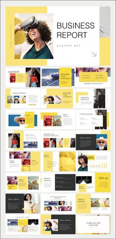 a yellow and black presentation board with many different images on it, including the words business report