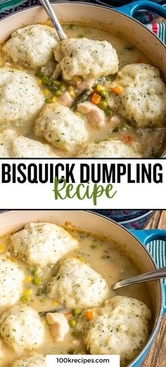 two pictures of chicken dumpling soup in a blue pot with the title above it