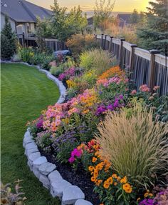 a garden with lots of flowers next to a fence in the evening sun, surrounded by grass and rocks